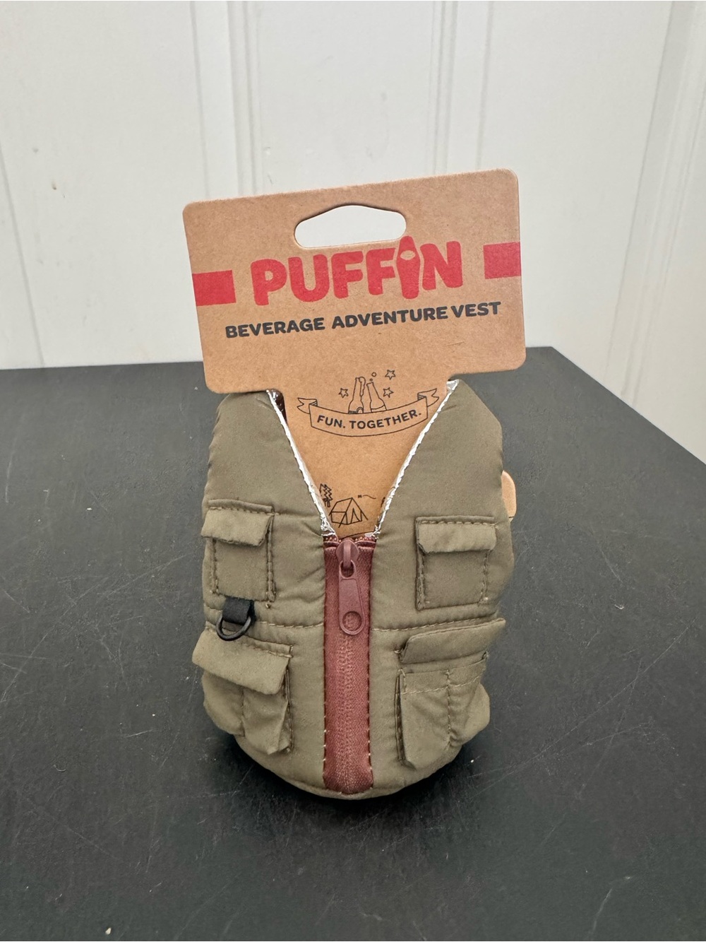 Puffin Beverage Adventure Vest Green Fishing Insulated Can Koozie Holder